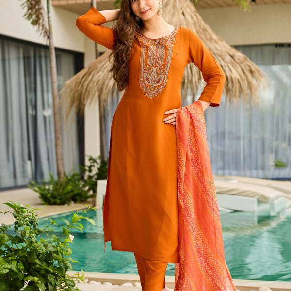 The52 Rust Women's Gorgeous Embroidered work Rayon Fabric Straight Kurta, Pant and Dupatta Set