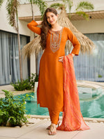 Thumbnail for The52 Rust Women's Gorgeous Embroidered work Rayon Fabric Straight Kurta, Pant and Dupatta Set