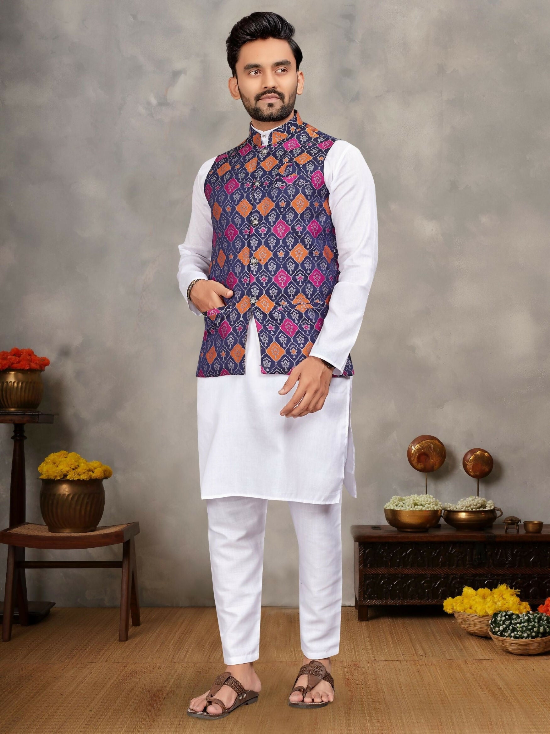 Anaita Navy Cotton Straight Kurta Pajama & Koti With Jequard Work - Distacart