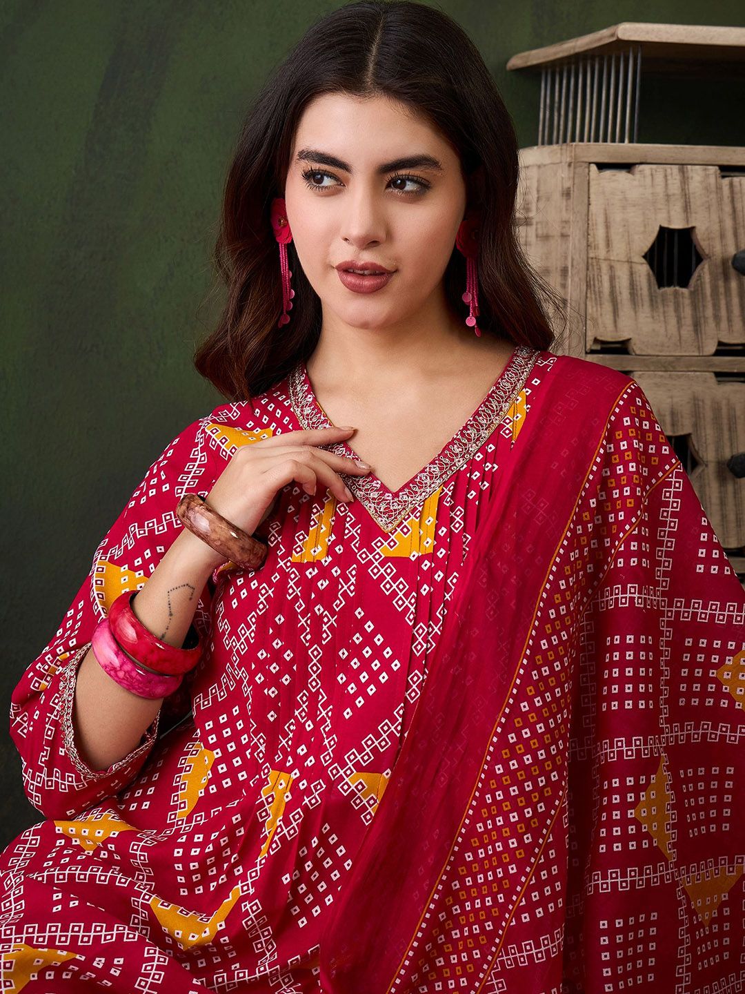 Sangria Printed V- Neck Kurta, Trouser & Dupatta Set - Distacart