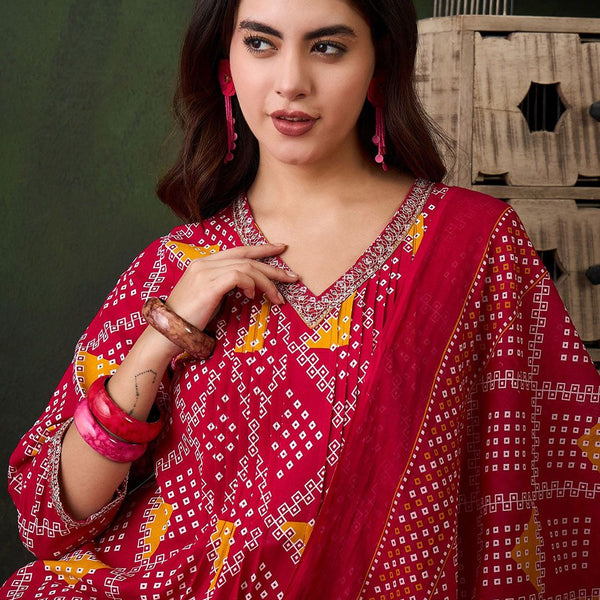 Sangria Printed V- Neck Kurta, Trouser & Dupatta Set - Distacart