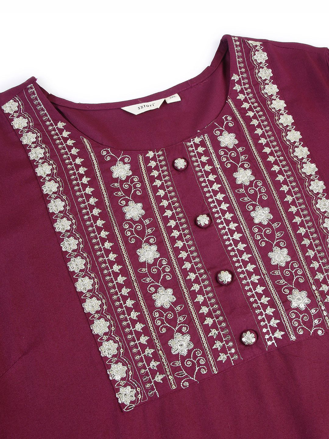 Sztori Plus Size Floral Yoke Design Mirror Work Straight Kurta