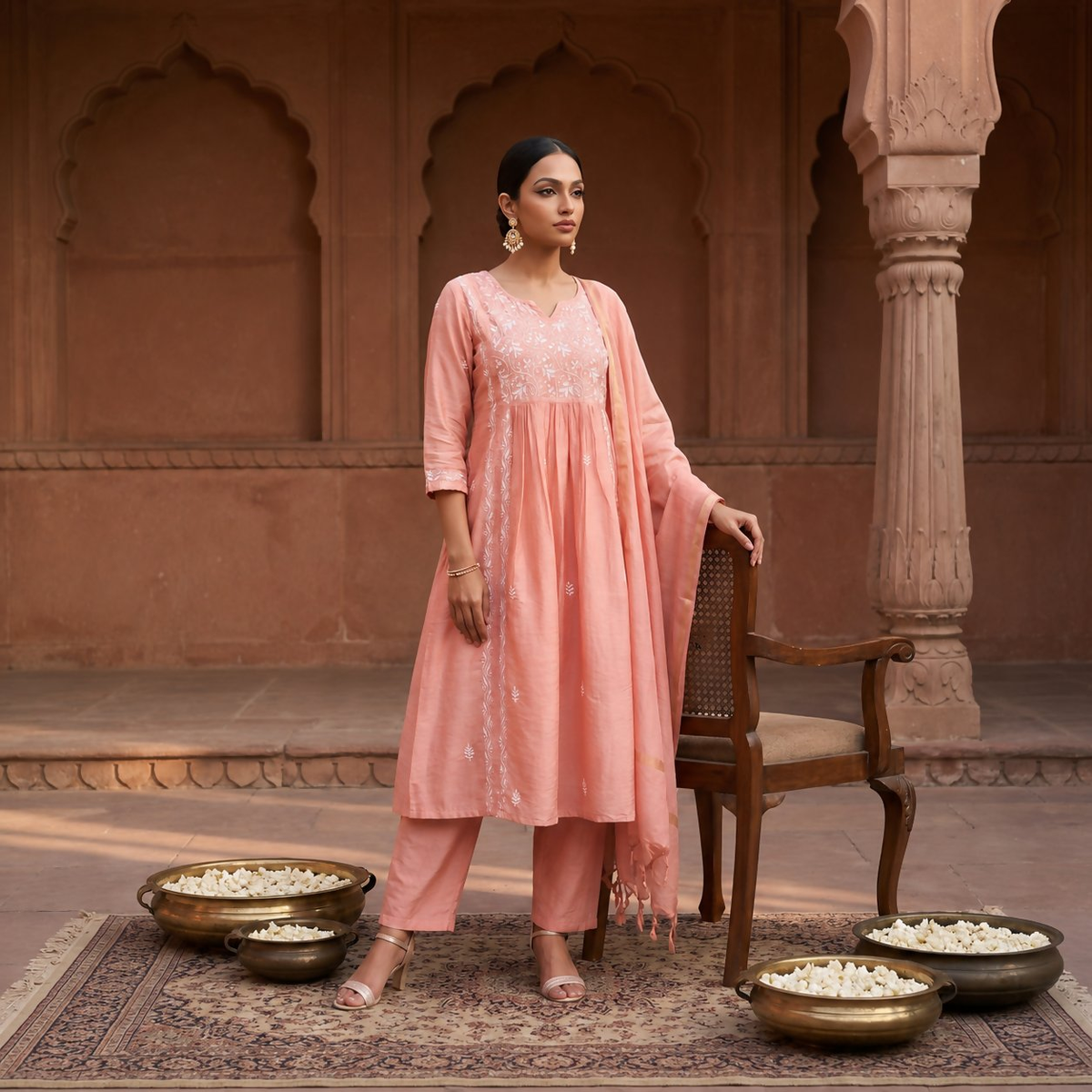Gharana India Jashn Chikankari Old Rose Nyra Cut 3PC Kurta Set with Dupatta