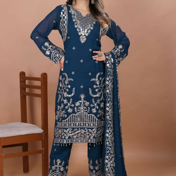 Joban Fashion Blue Georgette Embroidered Kurti Set - Distacart