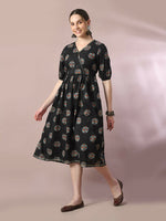 Thumbnail for Myshka Women's Black Printed Cotton V-Neck Empire Party Dress - Distacart