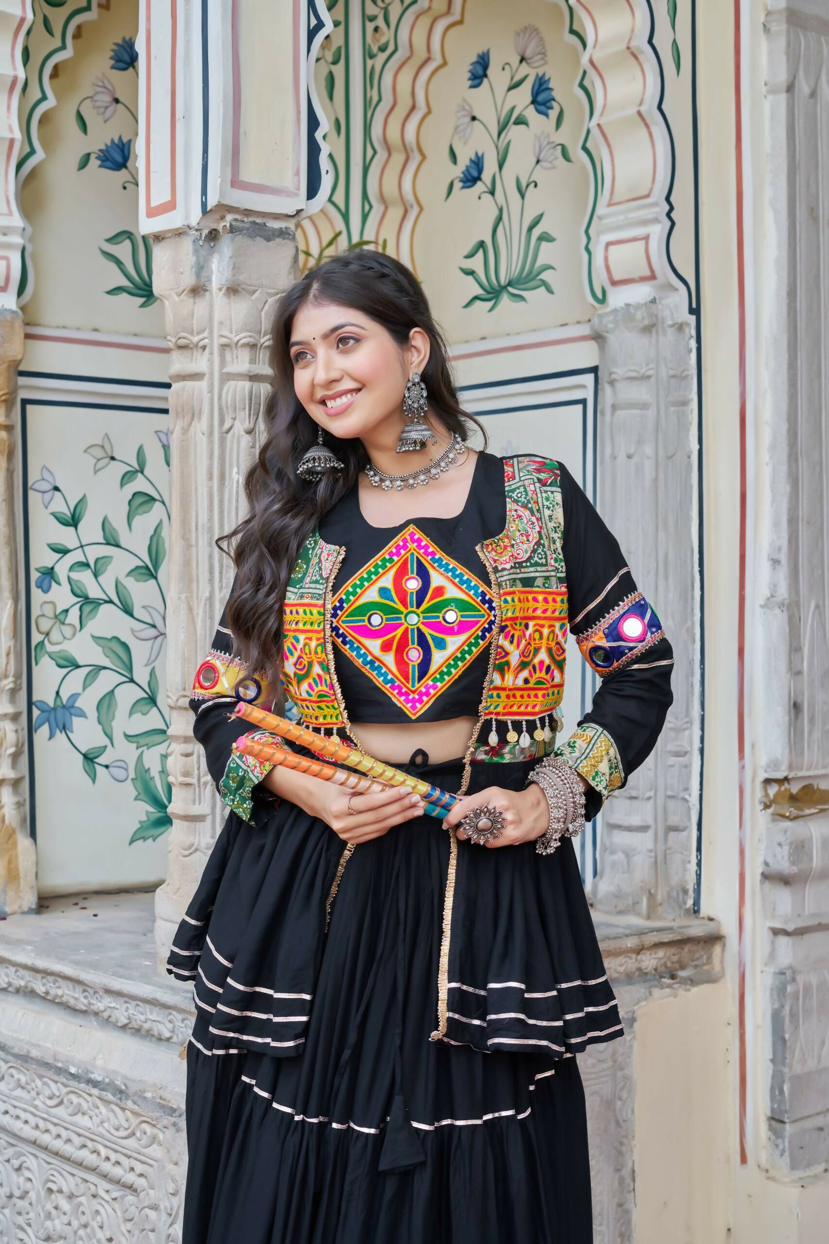 Teeya Creation Womens New Stylish Heavy Gamthi Work With Mirror Lace Work Black Gown Set - Dista