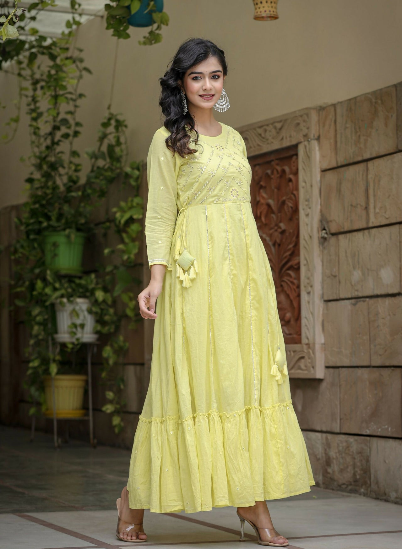 Kaajh Women's Yellow Mirror Embroidered Cotton Dress - Distacart