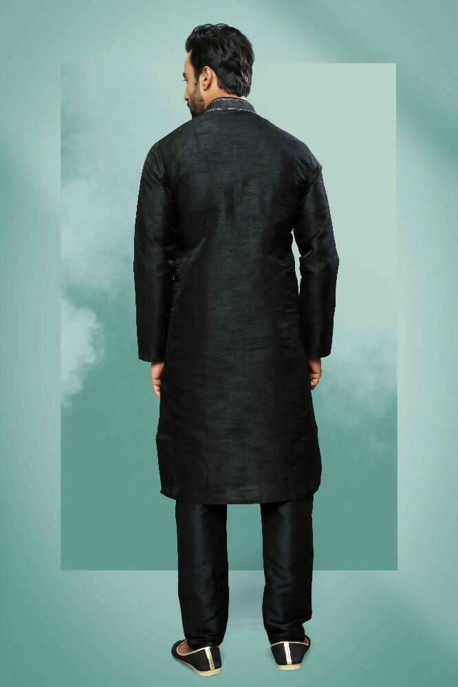 Raivat Ethnic Art Silk Mirror Embroidery Work Kurta Pajama In Black Colour - Dista