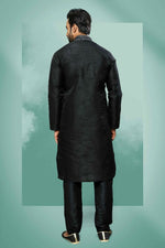 Thumbnail for Raivat Ethnic Art Silk Mirror Embroidery Work Kurta Pajama In Black Colour - Dista