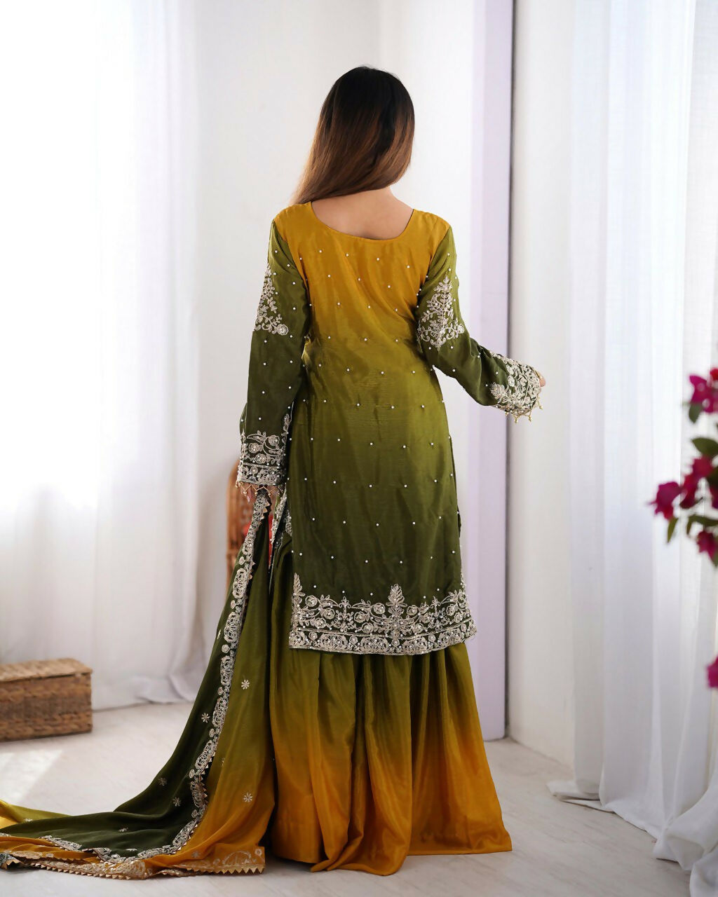 The52 Women's Beautiful Chinon silk Fabric Embroidery Work Straight Kurta Palazzo and Dupatta Set - Distacart