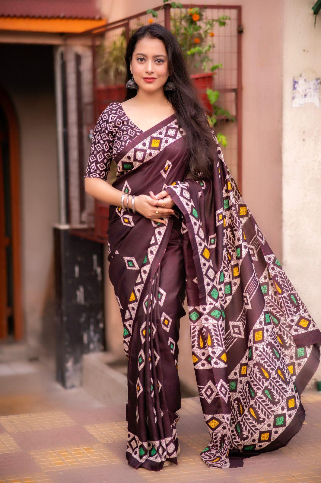 Maroon Silk Blend Ethnic Motifs Saree with Unstitched Blouse - A2M - Distacart