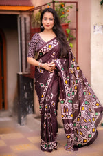 Thumbnail for Maroon Silk Blend Ethnic Motifs Saree with Unstitched Blouse - A2M