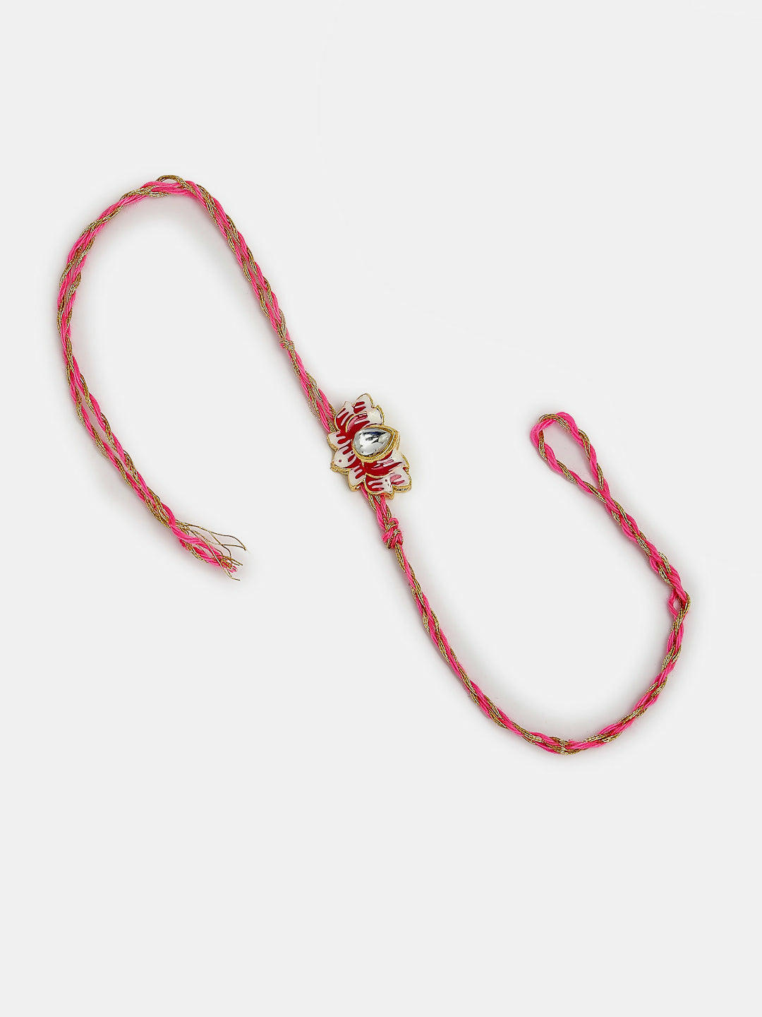 NVR Women & Men Set of 2 Pink Lotus Shape Kundan-Studded & Beaded Wraparound Rakhi Set With Roli Chawal & Chocolate - Distacart