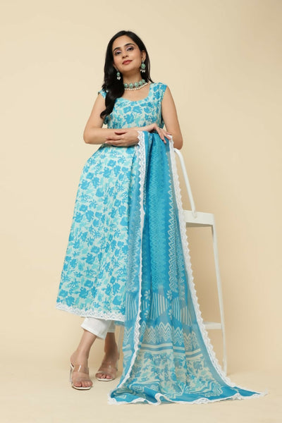Designer Stylish Skyblue Cotton Blend Stitched Suit With Dupatta - Tanisha - Distacart