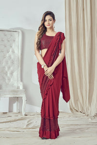 Thumbnail for Mahotsav Women's Red Lycra Embellished Ready To Wear Saree With Stitched Blouse - Distacart