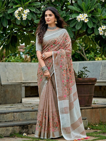Shree Shyam Fashion Brown Linen Saree - Dista