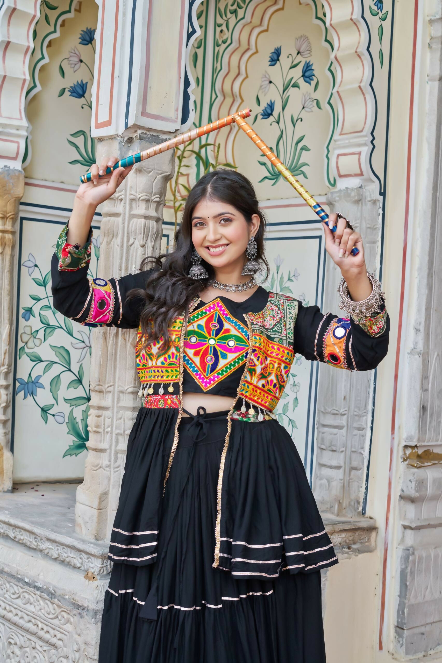 Teeya Creation Womens New Stylish Heavy Gamthi Work With Mirror Lace Work Black Gown Set - Dista