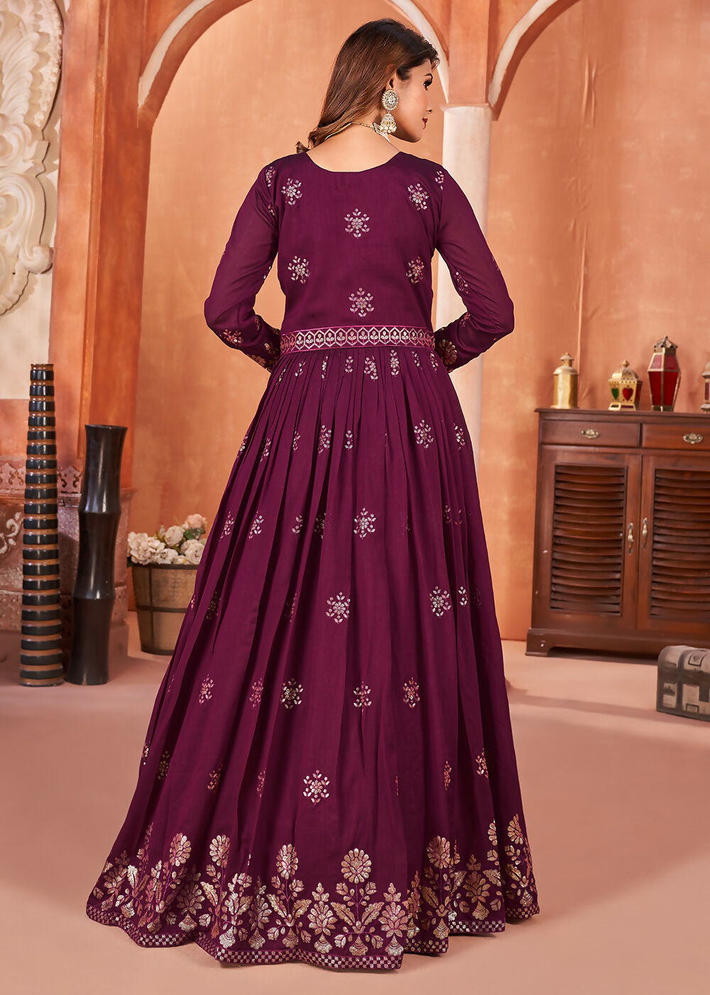 Wine Purple Festive Embroidered Art Silk Anarkali Suit - Emponline - Distacart