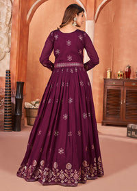 Thumbnail for Wine Purple Festive Embroidered Art Silk Anarkali Suit - Emponline - Distacart