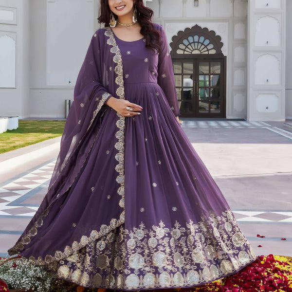 Teeya Creation Womens Wedding Wear Heavy Sequence Embroidery Work Purple Gown Set - Dista