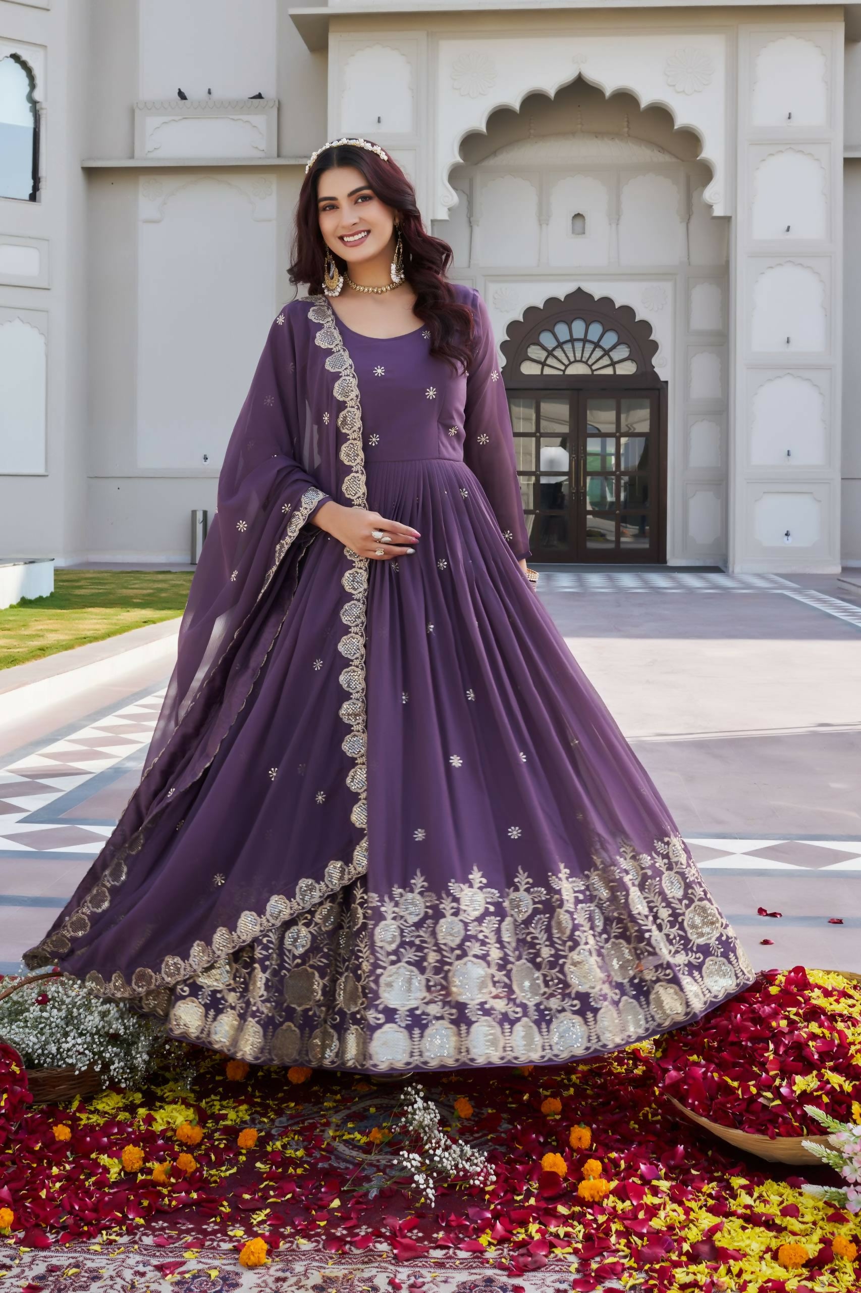 Teeya Creation Womens Wedding Wear Heavy Sequence Embroidery Work Purple Gown Set - Dista