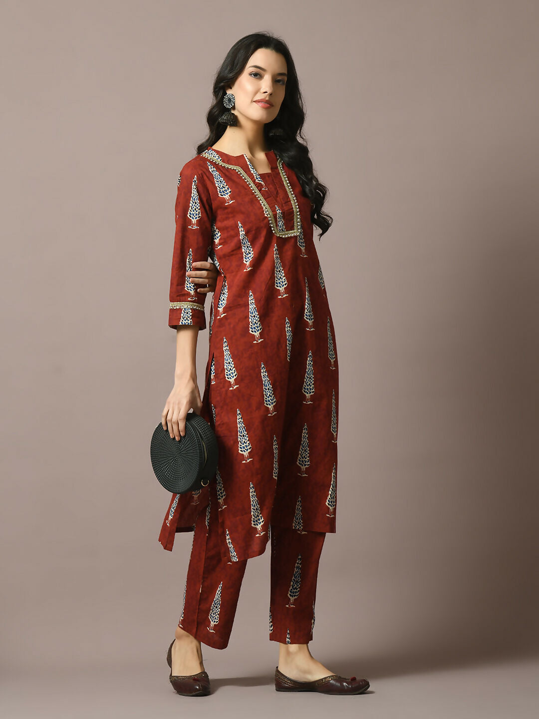 Myshka Women's Rust Printed Cotton Straight Party Kurta Set - Distacart