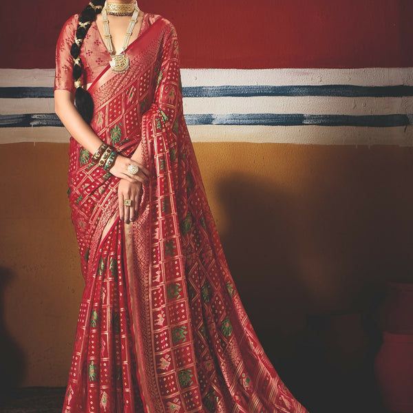 Joban Fashion Red Dull Moss Brasso Saree