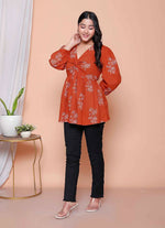 Thumbnail for Miravan Womens Rust Floral Printed Balloon Sleeves V Neck Butterfly Top - Distacart