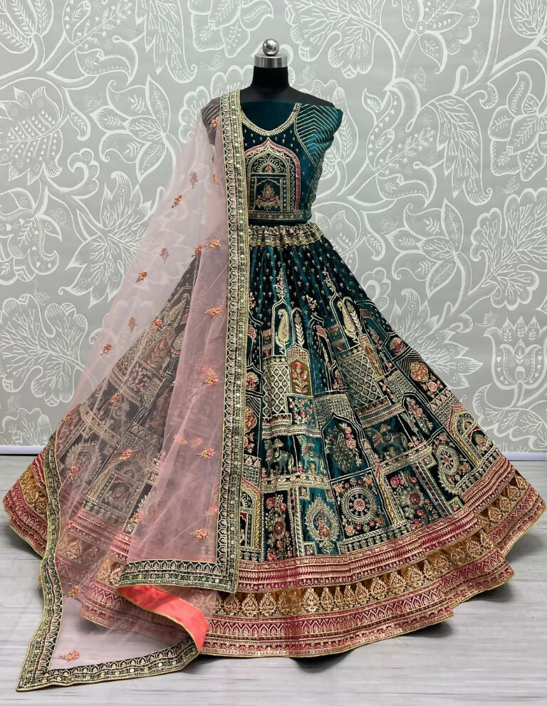 Jyoti Fashion Women's Teal Green Velvet Fancy Dori & Sequins with Multi Thread Embroidered with Diamond Work Wedding Lehenga Choli - Distacart