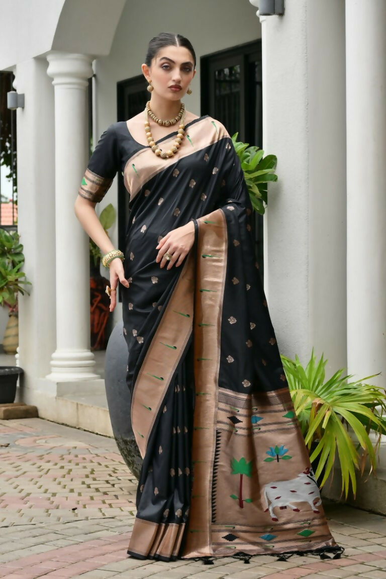 Vishnu Weaves Women's Black Paithani Silk Zari Woven Saree with Blouse