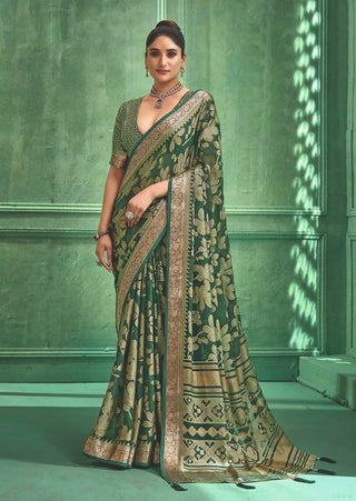Joban Fashion Greendell Moss Brasso With Kasab Zari Border Saree & Tassels With Brasso Blouse