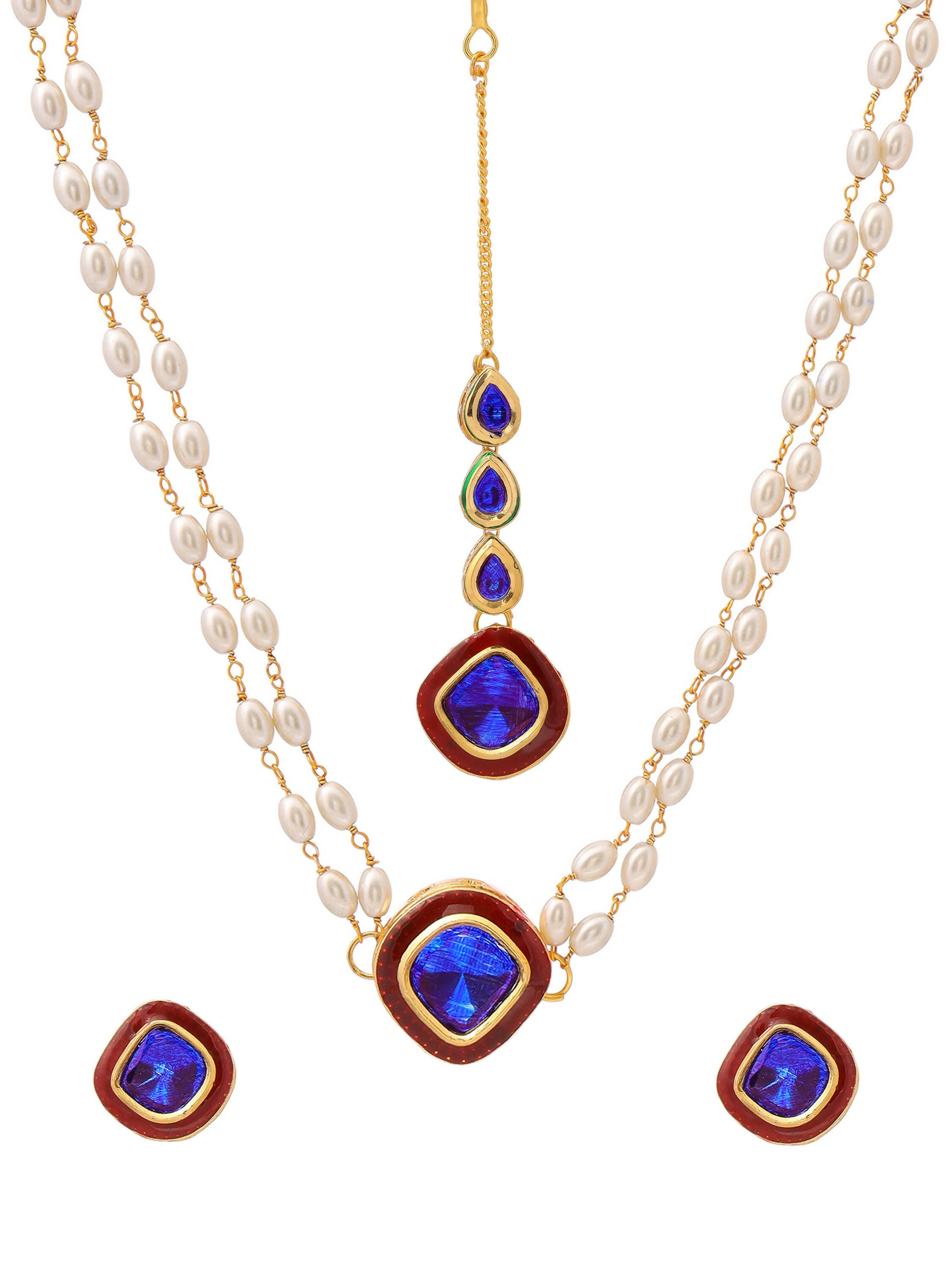 Ruby Raang Blue and Red Meenakari Kundan Necklace with Earrings & Maang Tikka