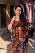 Thumbnail for Orange Linen Blend Ethnic Motifs Saree with Unstitched Blouse - A2M