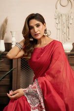 Thumbnail for Vastranavya Red Digital Printed Linen Ready To Wear Designer Saree with Unstitched Blouse - Distacart