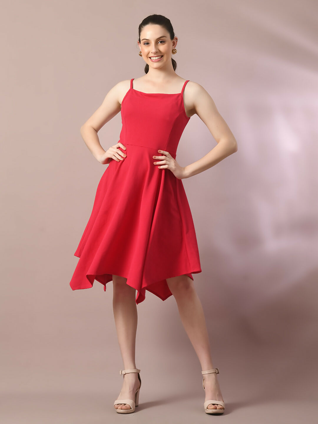 Myshka Women's Pink Solid Shoulder Straps Fit and Flare Party Dress - Distacart