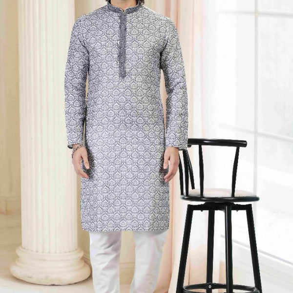 Raivat Ethnic Cotton Thread Work Kurta Pajama In Grey Colour - Dista
