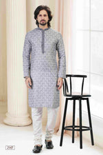 Thumbnail for Raivat Ethnic Cotton Thread Work Kurta Pajama In Grey Colour - Dista