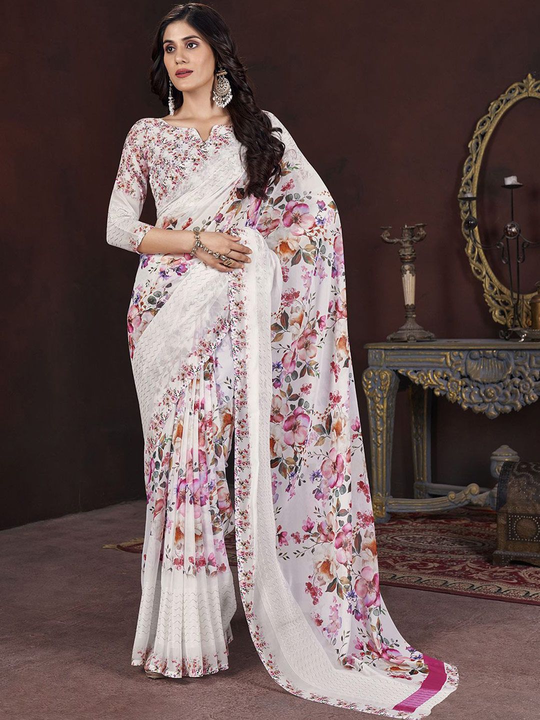 Mitera Floral Printed Pure Georgette Saree - Distacart