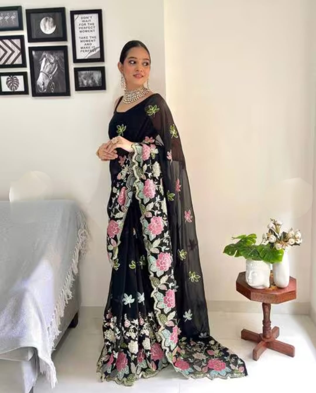 Vamika Embroidery Black Georgette Bollywood Saree - Distacart