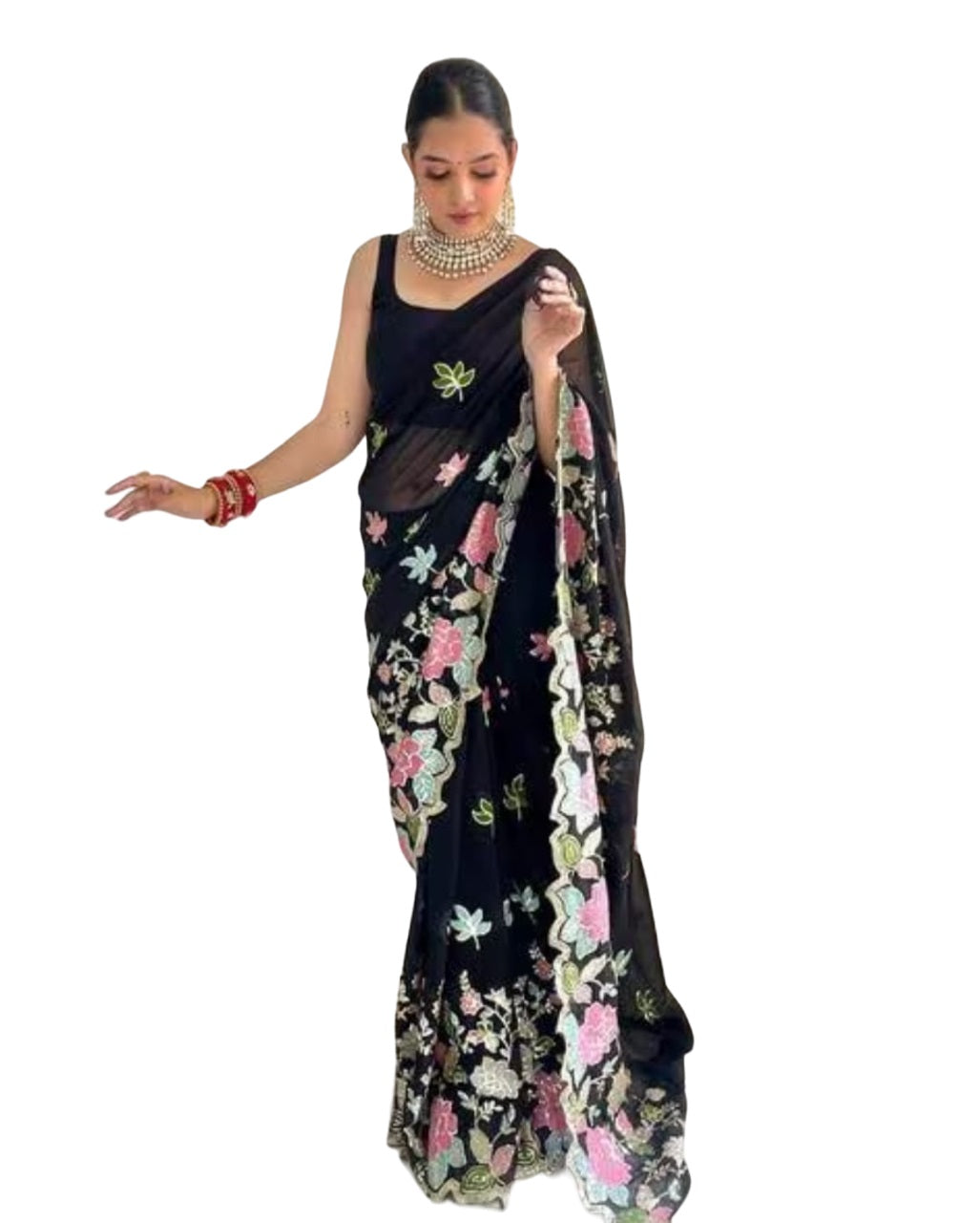 Vamika Embroidery Black Georgette Bollywood Saree - Distacart