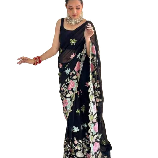 Vamika Embroidery Black Georgette Bollywood Saree - Distacart