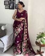 Thumbnail for Vamika Embroidery Purple Georgette Bollywood Saree - Distacart