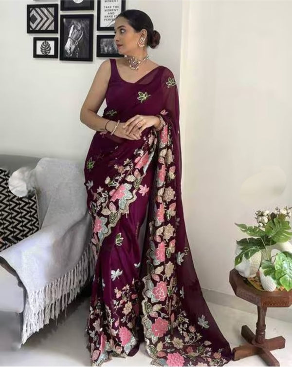 Vamika Embroidery Purple Georgette Bollywood Saree - Distacart