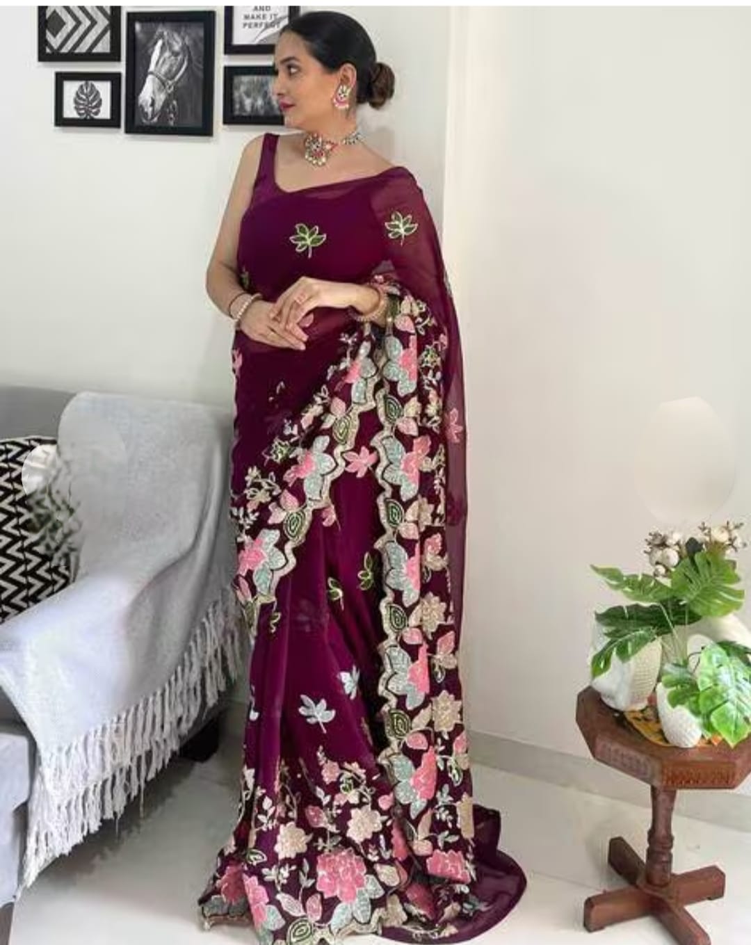 Vamika Embroidery Purple Georgette Bollywood Saree - Distacart