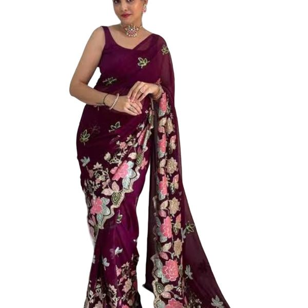 Vamika Embroidery Purple Georgette Bollywood Saree - Distacart