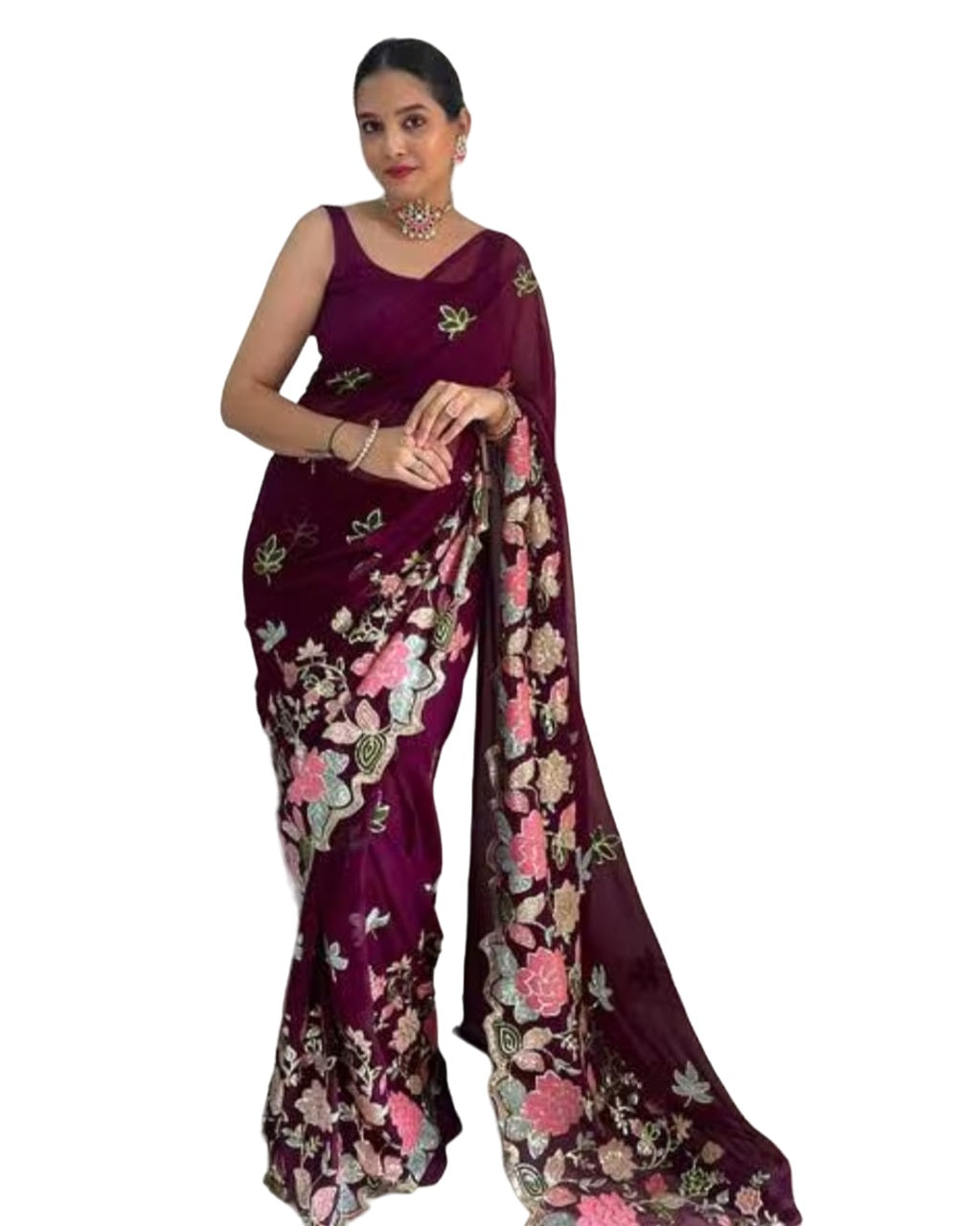 Vamika Embroidery Purple Georgette Bollywood Saree - Distacart