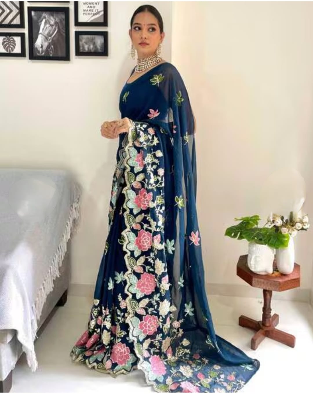 Vamika Embroidery Rama Green Georgette Bollywood Saree - Distacart