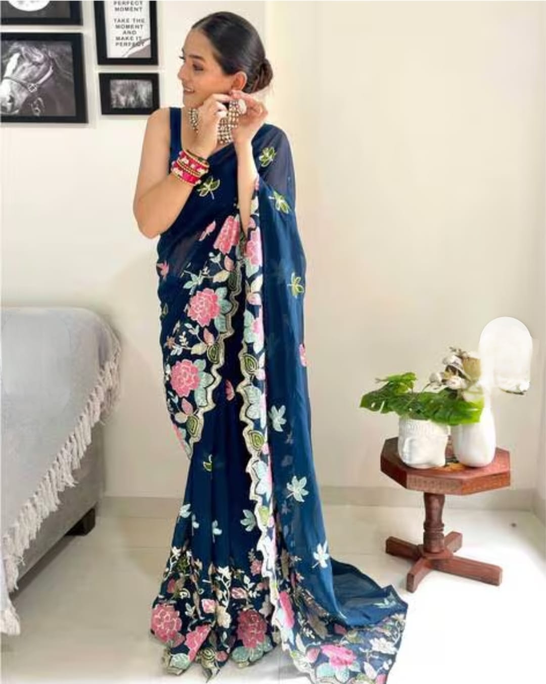 Vamika Embroidery Rama Green Georgette Bollywood Saree - Distacart