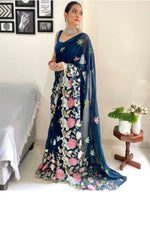 Thumbnail for Vamika Embroidery Rama Green Georgette Bollywood Saree - Distacart