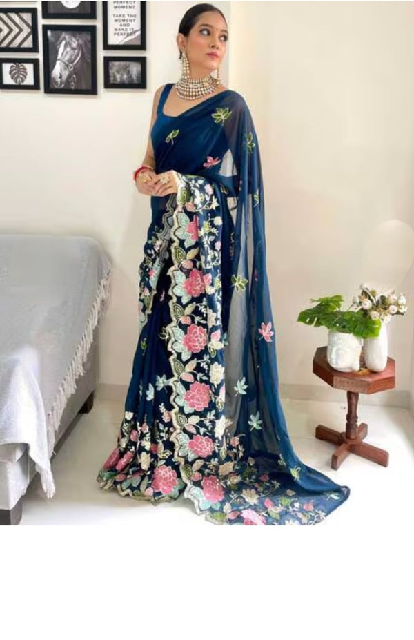 Vamika Embroidery Rama Green Georgette Bollywood Saree - Distacart